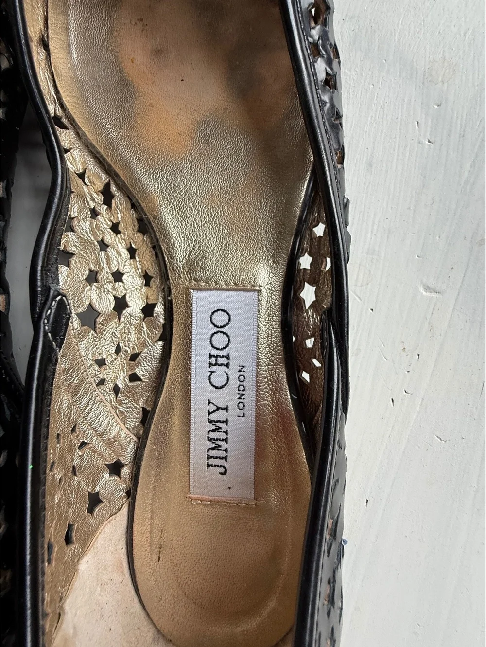 Jimmy Choo Black Laser Cut Leather Flats Size 38.5 Made in Italy